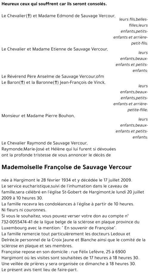 Françoise De Sauvage Vercour