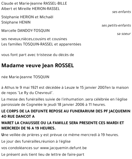 veuve Jean ROSSEL