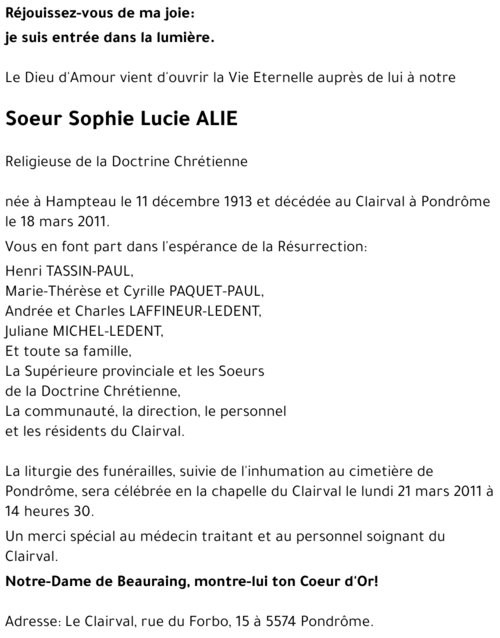 Soeur Sophie Lucie ALIE