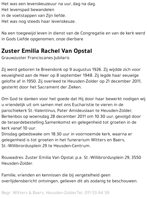 Zuster Emilia Rachel Van Opstal
