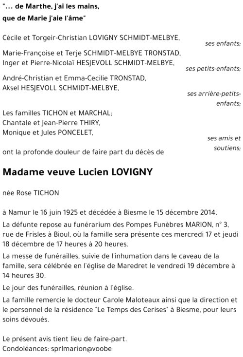 veuve Lucien LOVIGNY