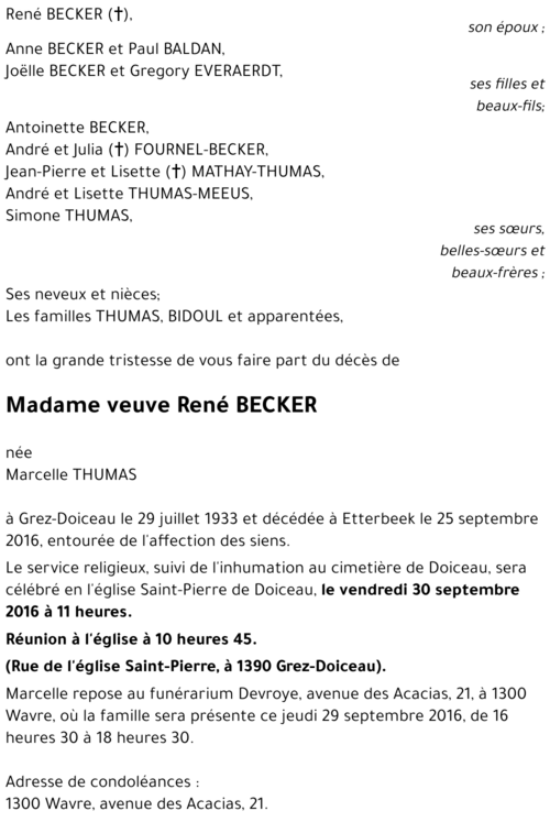 veuve René BECKER Née Marcelle THUMAS 