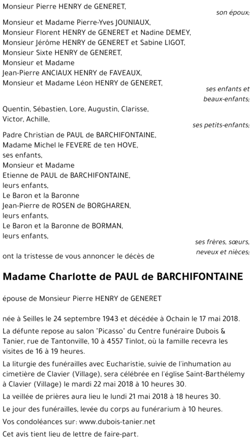 Charlotte de PAUL de BARCHIFONTAINE