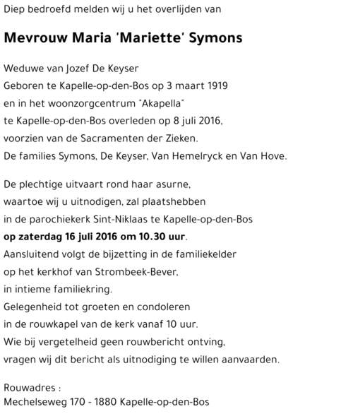 Maria 'Mariette' Symons