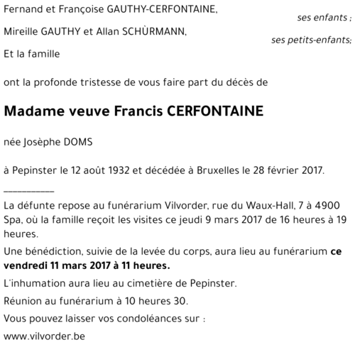 veuve Francis CERTONTAINE