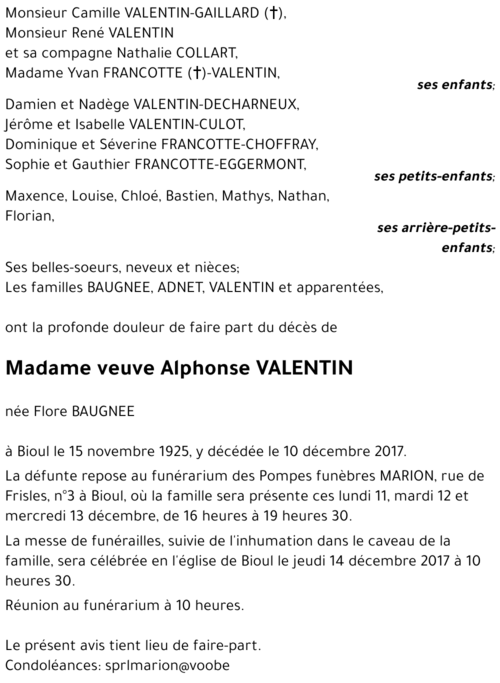veuve Alphonse VALENTIN