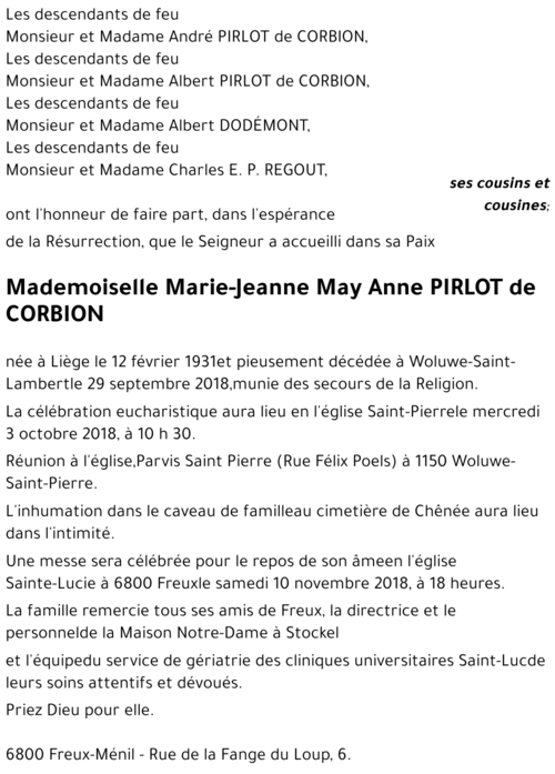 Marie-Jeanne May Anne PIRLOT de CORBION