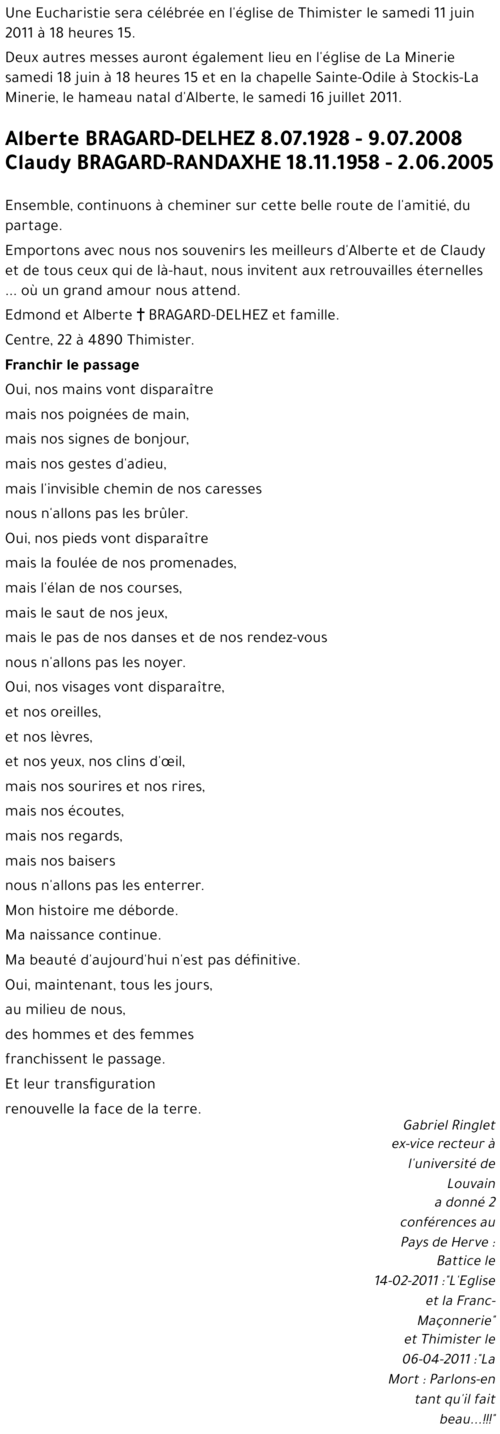 Alberte et Claudy BRAGARD-DELHEZ et BRAGARD-RANDAXHE