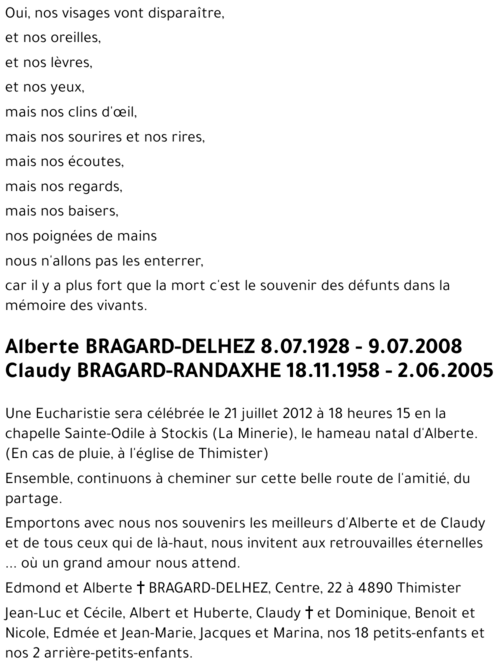 Alberte et Claudy BRAGARD-DELHEZ et BRAGARD-RANDAXHE