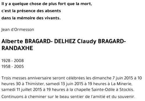 Alberte et Claudy BRAGARD-DELHEZ et BRAGARD-RANDAXHE