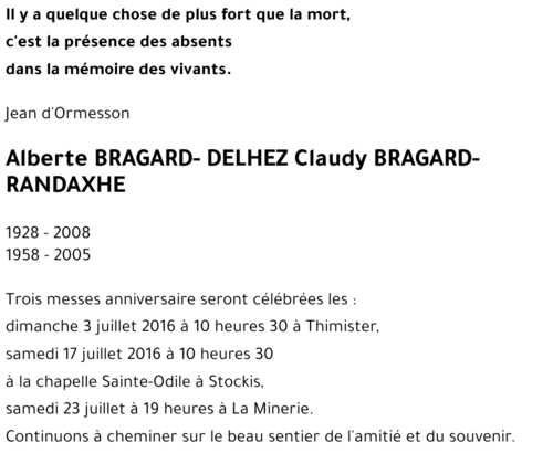 Alberte et Claudy BRAGARD-DELHEZ et BRAGARD-RANDAXHE