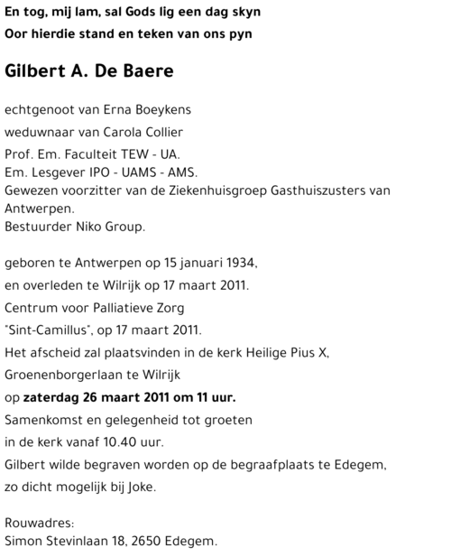 Gilbert A DE BAERE