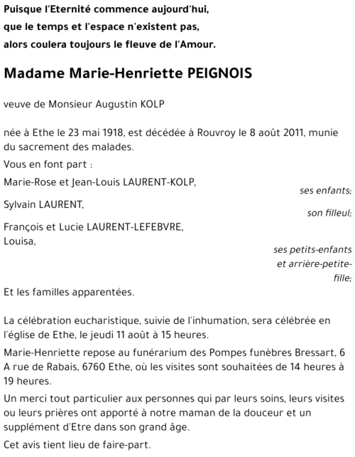 Marie-Henriette PEIGNOIS
