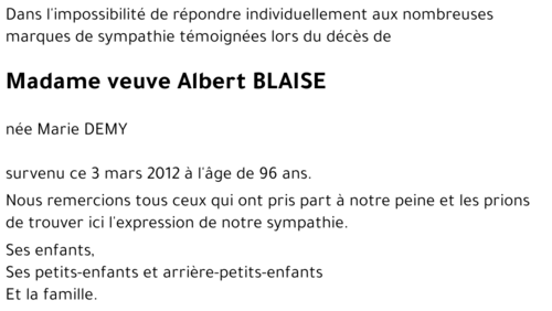 veuve Albert BLAISE