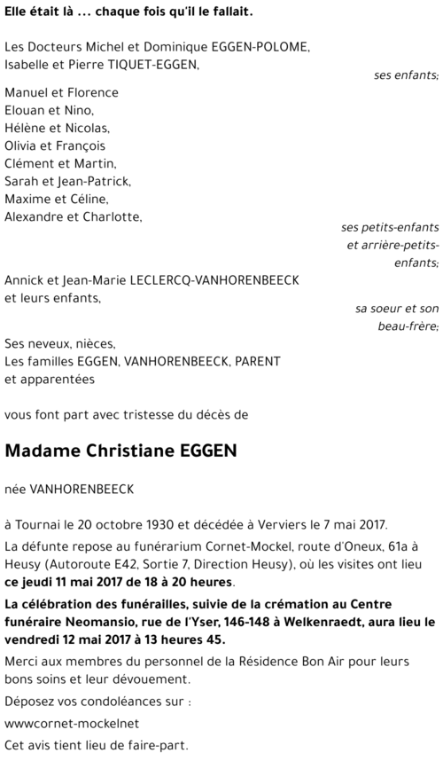 Christiane EGGEN née VANHORENBEECK