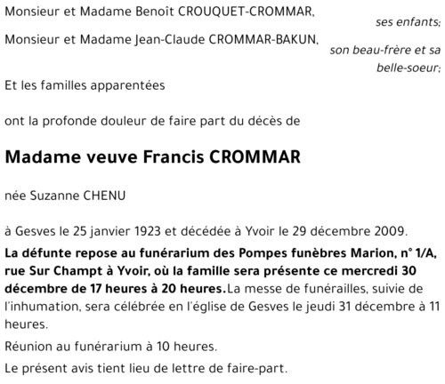 veuve Francis CROMMAR