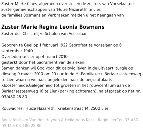 Zuster Marie Regina Leonia Bosmans