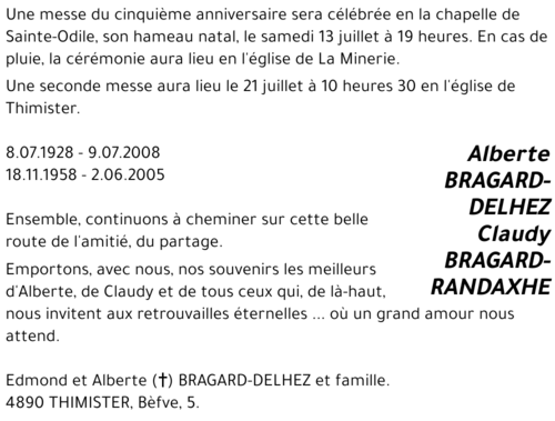 Alberte et Claudy BRAGARD-DELHEZ et BRAGARD-RANDAXHE