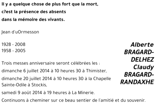 Alberte et Claudy BRAGARD-DELHEZ et BRAGARD-RANDAXHE