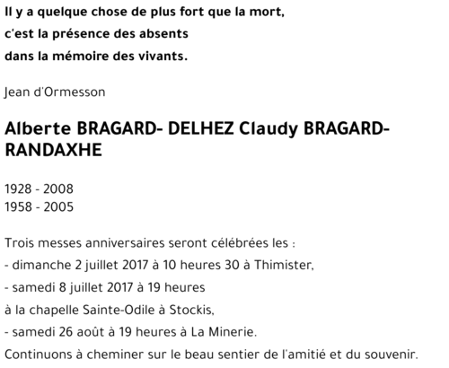 Alberte et Claudy BRAGARD-DELHEZ et BRAGARD-RANDAXHE