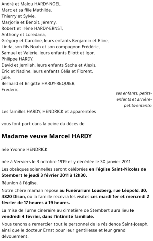 veuve Marcel HARDY