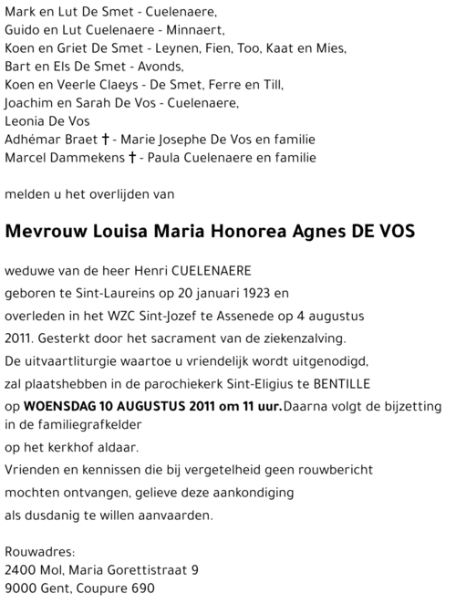 Louisa Maria Honorea Agnes DE VOS