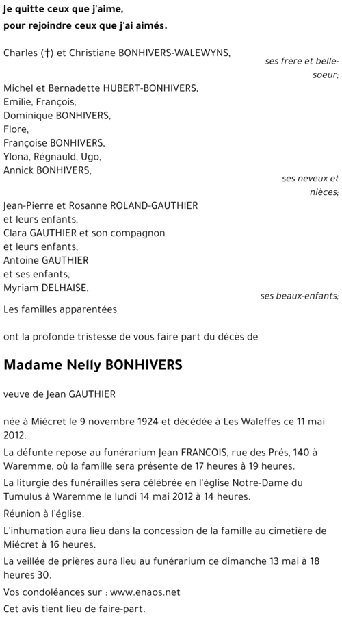 Nelly GAUTHIER (+) - BONHIVERS