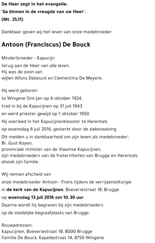 Antoon (Franciscus) De Bouck Minderbroeder - Kapucijn