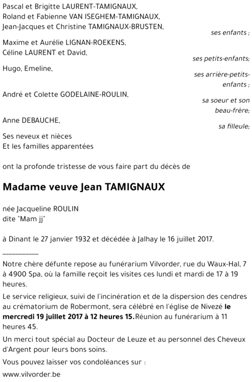 veuve Jean TAMIGNAUX