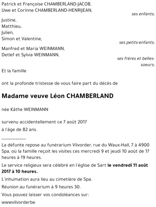 veuve Léon CHAMBERLAND