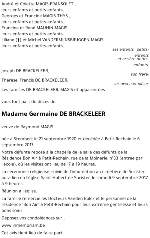 Germaine DE BRACKELEER