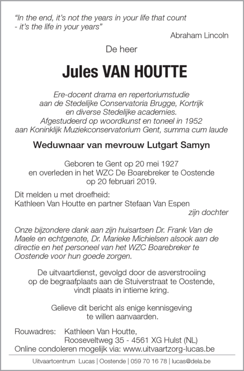 Jules Van Houtte († 20/02/2019) | Inmemoriam