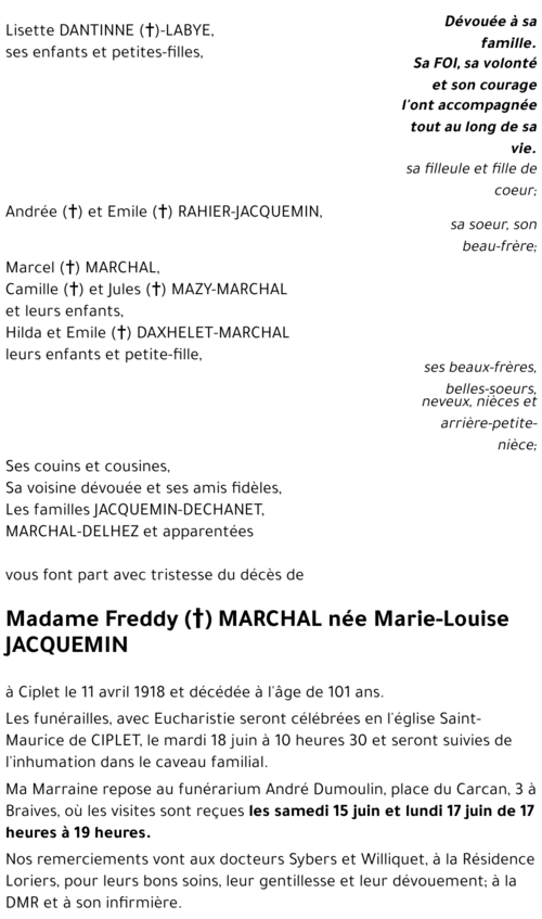 Freddy ((+)) MARCHAL née Marie-Louise JACQUEMIN